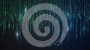 Digital matrix rain on circuit board background with binary code stream