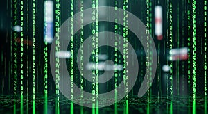 Digital Matrix Rain Green Binary Code Falling in Futuristic Cybersecurity Background