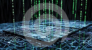 Digital Matrix Rain Over Circuit Board, Binary Code Data Stream, Futuristic Technology Concept