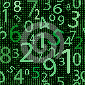 Digital matrix style seamless pattern. Vector ornamental digit background. Repeat numeral backdrop. Digitally green mathematic