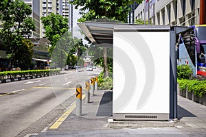 Digital Media blank mock up advertising billboard in the bus stop, blank billboards public commercial with passengers, signboard