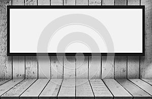Digital Media Blank white mock up of advertising light box billboard on Empty top wood shelves for texture and background , Can be