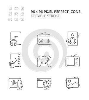 Digital media content categories. Modern vector thin line flat design icons and pictograms set.