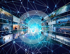 Digital Media Streaming and Global Network Data Concept with Screens and Connected Nodes