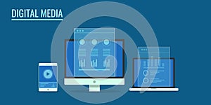 Digital media technology for internet marketing, responsive web development concept. Flat design vector banner. photo