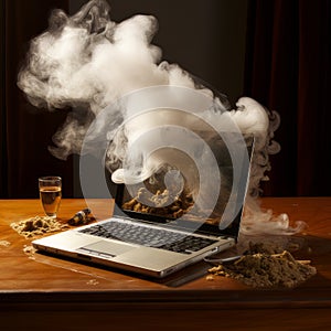 Digital Meltdown: Smoking Laptop Amidst Creative Workspace Turmoil