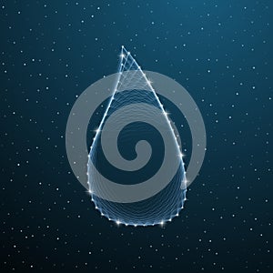 Digital mesh water drop with dots and lines on blue background. Reflection polygonal clean drop condensation bubble