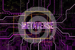 Digital metaverse concept with glowing neon lines on a purple and black circuitry background.