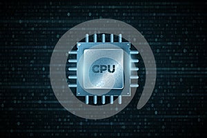 Digital microchip CPU on background of binary code. Futuristic high performance processor. Big Data. Software engineering.