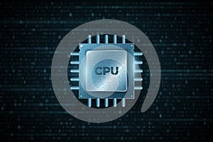 Digital microchip CPU on background of binary code. Futuristic high performance processor. Big Data. Software engineering.