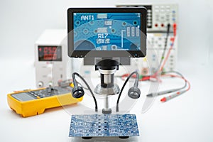 Digital Microscope and Circuit Board in Lab