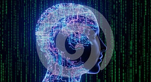 Digital Mind - Neural Network Head in Binary Code Background