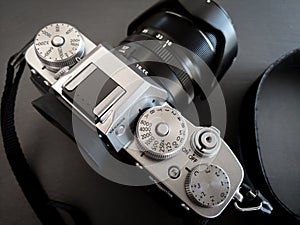 Digital mirrorless photo camera Fujifilm x-t3 silver, top view