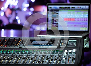 Digital mixer in a recording Studio , with a computer for recording music. The concept of creativity and show business