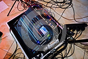Digital mixing console. Sound mixer control panel, closeup of au