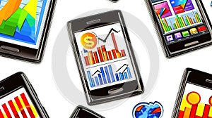 Digital mobile device screens displaying financial data and charts