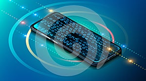 Digital mobile technology. Cosmos style in blue color. Devise with binary code. Concept of mobile programming.