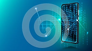 Digital mobile technology. Cosmos style in blue color. Devise with binary code. Concept of mobile programming.