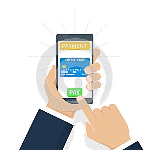 Digital mobile wallet payment concept - hand holding mobile phone with credit card icon on the touchscreen. Internet