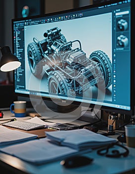 Digital model displayed on an engineering workstation with detailed design