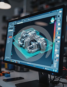 Digital model displayed on an engineering workstation, showcasing intricate design