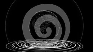 A digital model of planet Earth rotates on a black background inside a protective sphere and above a force field. Cg