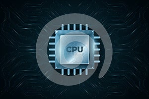 Digital modern microchip CPU on glowing computer circuit board or motherboard. Futuristic high performance processor. Database,