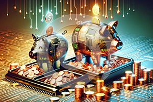 Digital Money Investing Savings Cryptocurrency Circuit Board Electronics Online Piggy Bank AI Generated