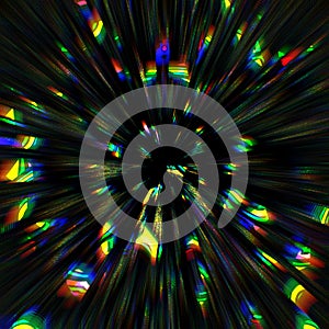 Digital motion glitch lines and speed glowing lights on black background. Techno psychedelic screen. Optical shiny festive disco