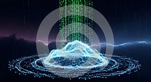 Digital Mountain with Binary Code Rain and Lightning Storm