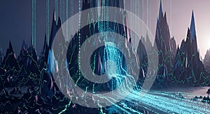 Digital Mountain Landscape with Binary Waterfall and Data Streams
