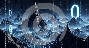 Digital Mountain Landscape with Glowing Binary Code and Data Rain