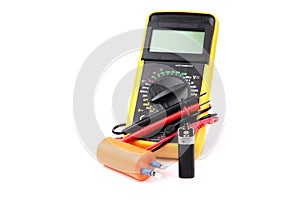 Digital multi-meter with probes isolated on a white background. Multitester. Voltage Tester. Voltmeter. Measuring tool