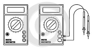 Digital multimeter, device for measuring current and voltage in electrical circuit. Tool of installer, electrician, system