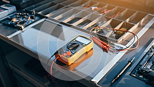 Digital Multimeter on an Electronics Workbench with Circuit Boards