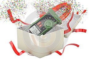 Digital multimeter inside gift box. 3D rendering