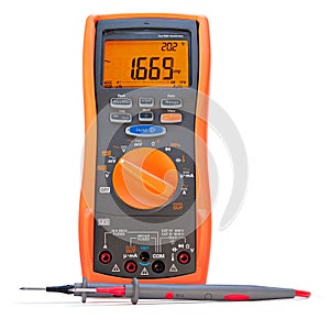Digital Multimeter with Lit Display and Probes on White Background