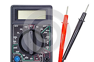 Digital multimeter with probes closeup isolated on white background