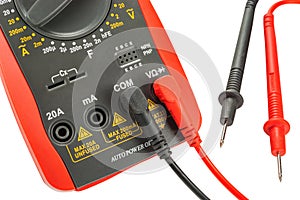 Digital multimeter with probes isolated on a white background