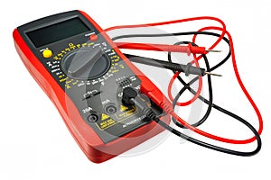 Digital multimeter with probes isolated on a white background