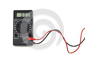 Digital multimeter with red and black wires shows zero on LCD display