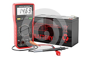 Digital multimeter and sealed UPS battery, 3D rendering