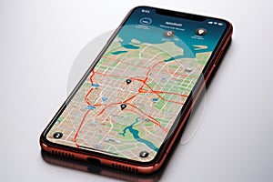 Digital navigation Smartphone display with 3D red map pointer icon