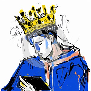 Digital Neo-expressionism: King Reading Book In Yellow And Blue