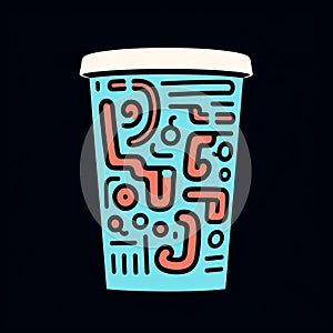 Digital Neon Coffee Cup With Memphis Design Pattern