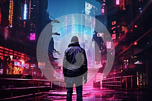 A Digital Neon Cyberpunk City, Futuristic City, Concept Representing Hidden Dangers of the Internet, Generative AI