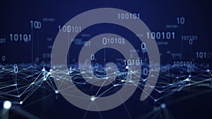 Digital network with binary code and glowing connections on dark blue data technology
