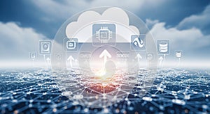 Digital network with cloud computing and glowing interconnected nodes on a blue background