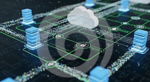 A digital network with cloud storage servers and a padlock icon for security and connections