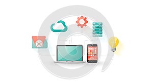 Digital Network Concept Cloud Computing, Data Servers, Laptop, Mobile Phone, Idea Bulb